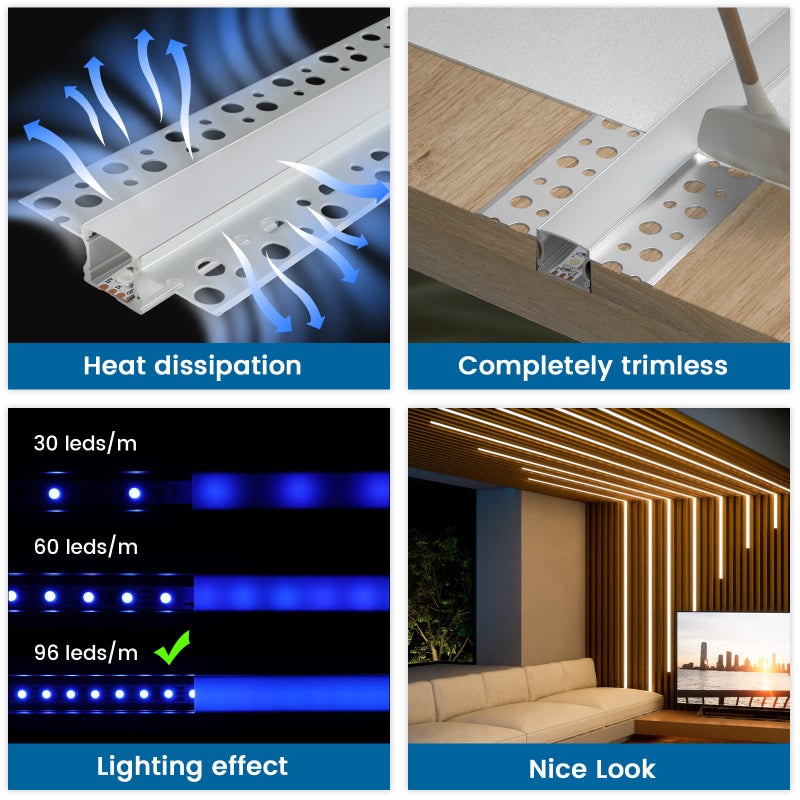 Muzata 5Pack 3.3FT/1M Plaster in LED Channel Trimless Recessed LED Strip Diffuser Channel Spotless Deeper Wider for Drywall Ceiling Wall U117 WW 1M - Image 3
